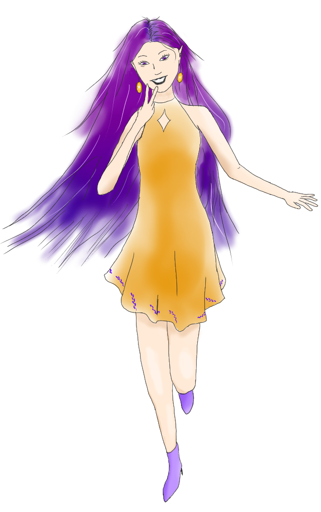 A drawing of an OC girl character posing for the 'camera' with a peace sign. She is wearing an orange dress and has long purple-dyed hair.